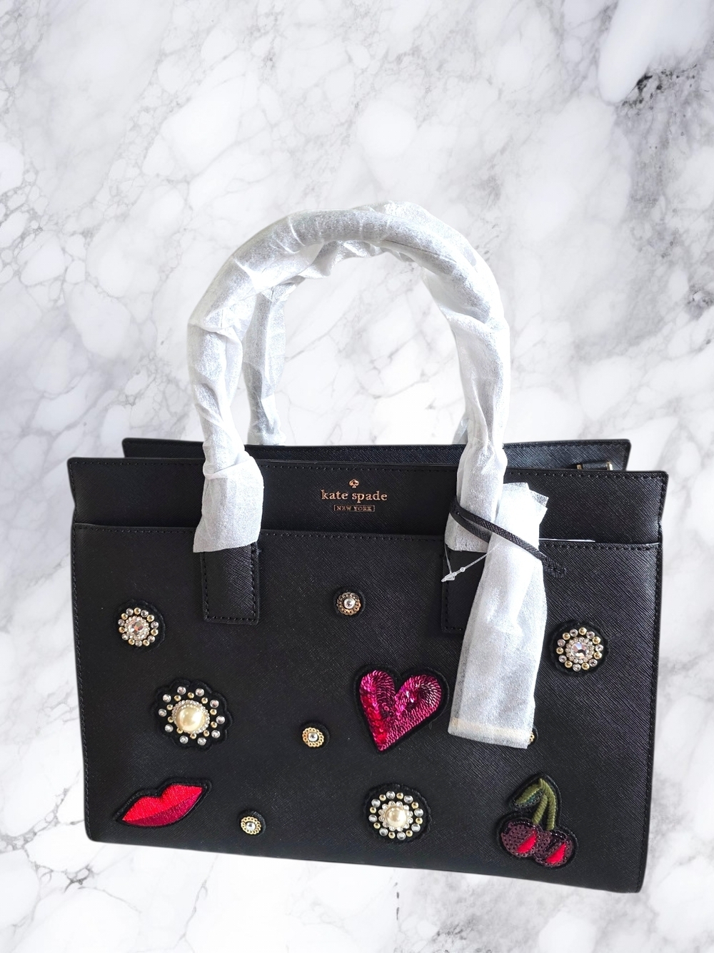 Kate Spade x Rodan & Fields NWT Black Saffiano Satchel Novelty Heart Cherry Rare